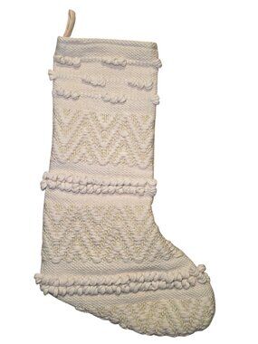 Christmas Stocking Off White Gold Thread Woven Cotton 21" Loops Chevron
